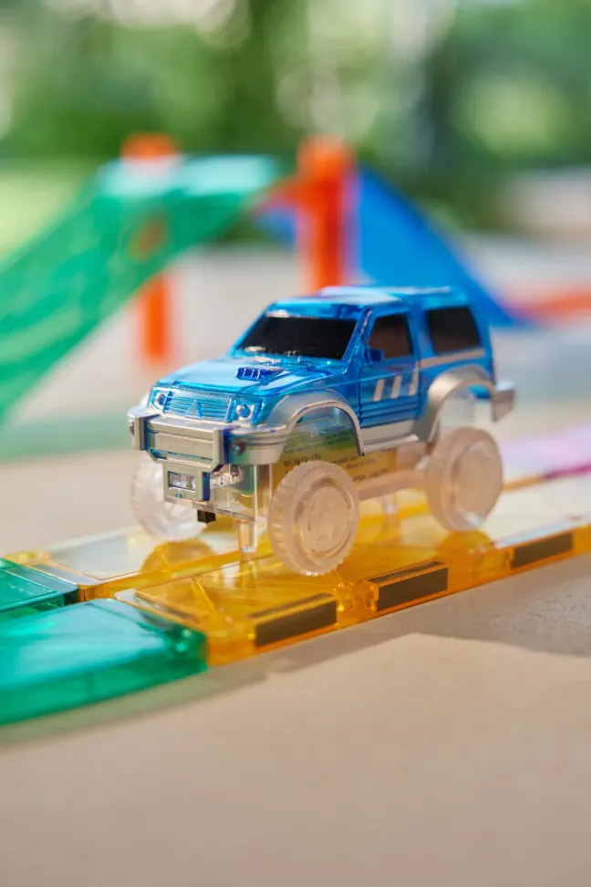Cleverclixx® Magentbausteine Race Track Car Rennbahnauto blau