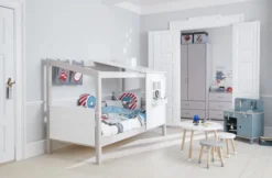 FLEXA Classic Einzelbett mit halbem Baumhaus Aufsatz grau lasiert/weiß