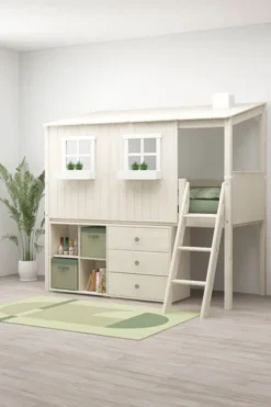 FLEXA Classic halbhohes Bett mit ganzem Baumhaus Aufsatz weiß lasiert/weiß