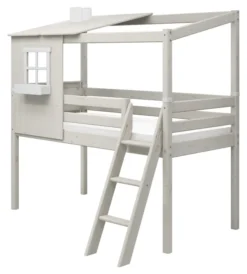 FLEXA Classic halbhohes Bett mit halbem Baumhaus Aufsatz weiß lasiert/weiß