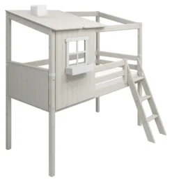 FLEXA Classic halbhohes Bett mit halbem Baumhaus Aufsatz weiß lasiert/weiß