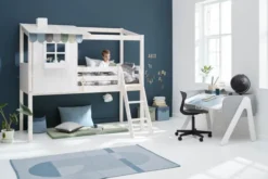 FLEXA Classic halbhohes Bett mit halbem Baumhaus Aufsatz weiß lasiert/weiß