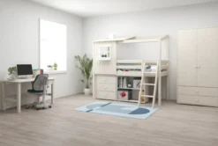 FLEXA Classic halbhohes Bett mit halbem Baumhaus Aufsatz weiß lasiert/weiß