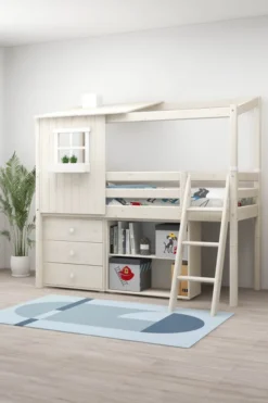FLEXA Classic halbhohes Bett mit halbem Baumhaus Aufsatz weiß lasiert/weiß