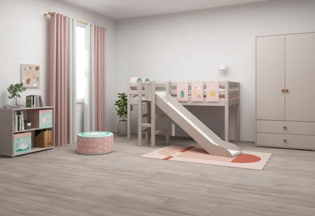 FLEXA Classic Halbhohes Bett mit Plattform und Rutsche grau lasiert