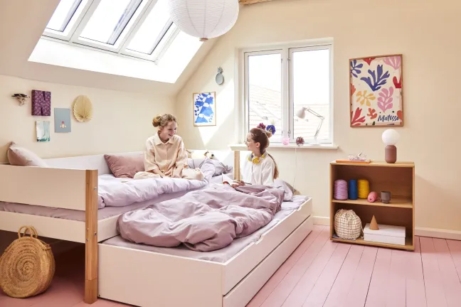 FLEXA Nor Bett 90x200cm mit Ausziehbett und 2 Schubladen weiß/eiche
