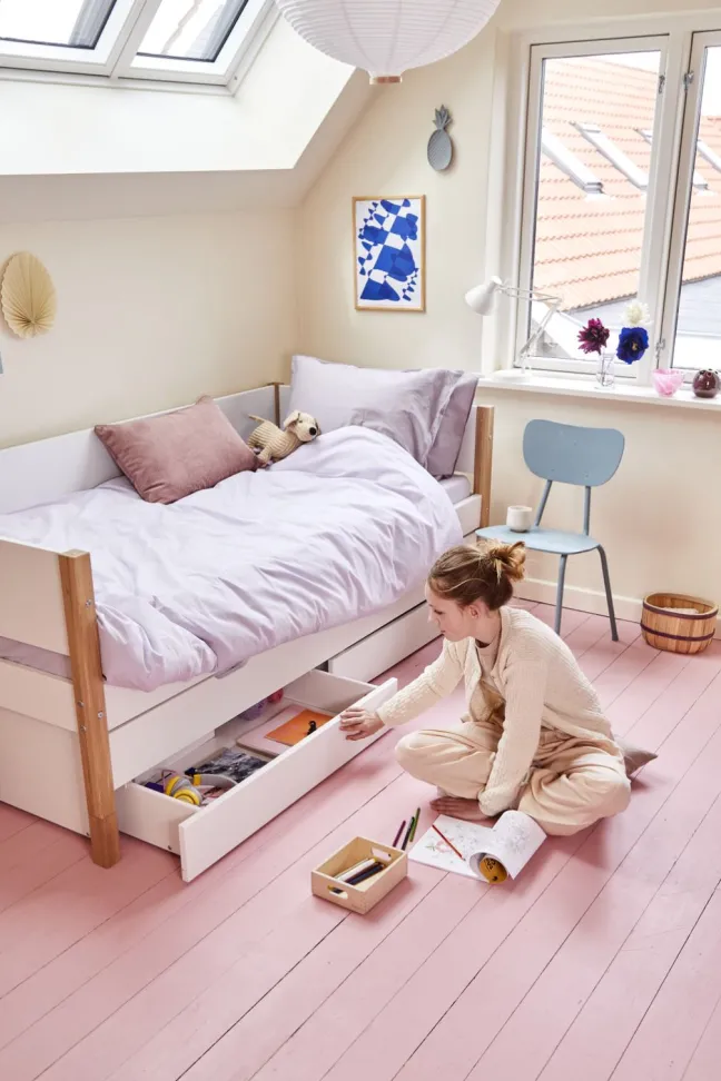 FLEXA Nor Bett 90x200cm mit Ausziehbett und 2 Schubladen weiß/eiche
