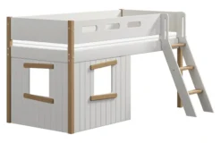 FLEXA Nor halbhohes Bett mit Schrägleiter und Baumhaus Panelen weiß/Eiche
