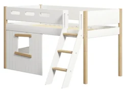 FLEXA Nor halbhohes Bett mit Schrägleiter und Baumhaus Panelen weiß/Eiche