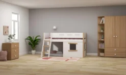 FLEXA Nor halbhohes Bett mit Schrägleiter und Baumhaus Panelen weiß/Eiche