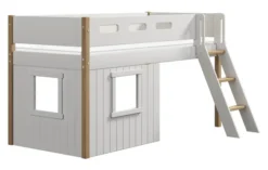 FLEXA Nor halbhohes Bett mit Schrägleiter und Baumhaus Panelen weiß