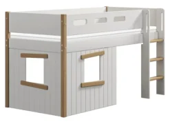 FLEXA Nor halbhohes Bett mit senkrechter Leiter und Baumhaus Panelen weiß/Eiche