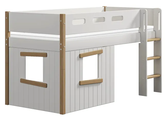 FLEXA Nor halbhohes Bett mit senkrechter Leiter und Baumhaus Panelen weiß/Eiche