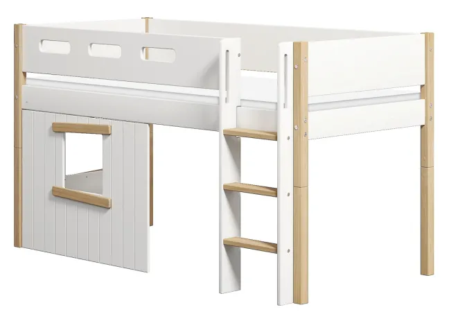 FLEXA Nor halbhohes Bett mit senkrechter Leiter und Baumhaus Panelen weiß/Eiche