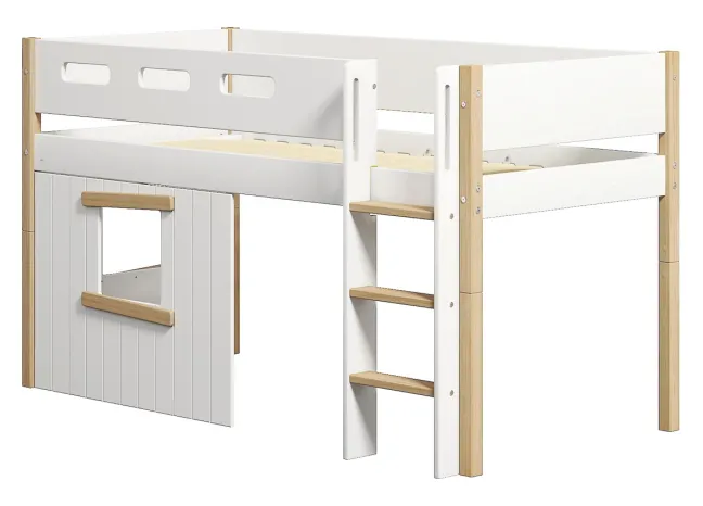 FLEXA Nor halbhohes Bett mit senkrechter Leiter und Baumhaus Panelen weiß/Eiche