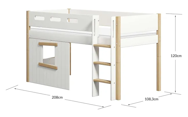 FLEXA Nor halbhohes Bett mit senkrechter Leiter und Baumhaus Panelen weiß/Eiche