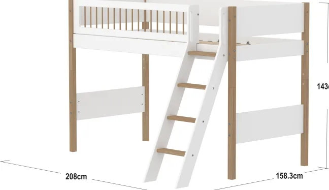 FLEXA Nor Mittelhohes Bett mit Schrägleiter und Streben Absturzsicherung weiß/eiche