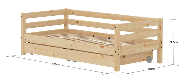FLEXA RAW Classic Einzelbett mit hintere Absturzsicherung und Schubladen natur