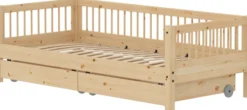 FLEXA RAW Classic Einzelbett 90x200 cm mit Streben Absturzsicherung und Schubladen natur