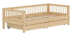 FLEXA RAW Classic Einzelbett 90x200 cm mit Streben Absturzsicherung und Schubladen natur