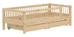FLEXA RAW Classic Einzelbett 90x200 cm mit 3/4 Streben Absturzsicherung und Schubladen natur