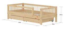 FLEXA RAW Classic Einzelbett 90x200 cm mit 3/4 Streben Absturzsicherung und Schubladen natur