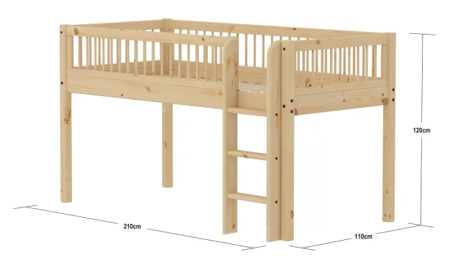 FLEXA RAW Classic Halbhohes Bett 90x200 cm mit Streben Absturzsicherung natur