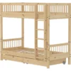 FLEXA RAW Classic hohes Etagenbett 90x200 cm mit Streben Absturzsicherung und Schubladen natur