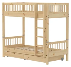 FLEXA RAW Classic hohes Etagenbett 90x200 cm mit Streben Absturzsicherung und Schubladen natur