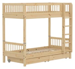 FLEXA RAW Classic hohes Etagenbett 90x200 cm mit Streben Absturzsicherung und Schubladen natur