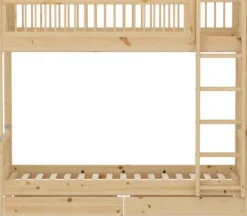 FLEXA RAW Classic hohes Etagenbett 90x200 cm mit Streben Absturzsicherung und Schubladen natur