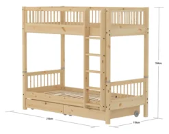 FLEXA RAW Classic hohes Etagenbett 90x200 cm mit Streben Absturzsicherung und Schubladen natur