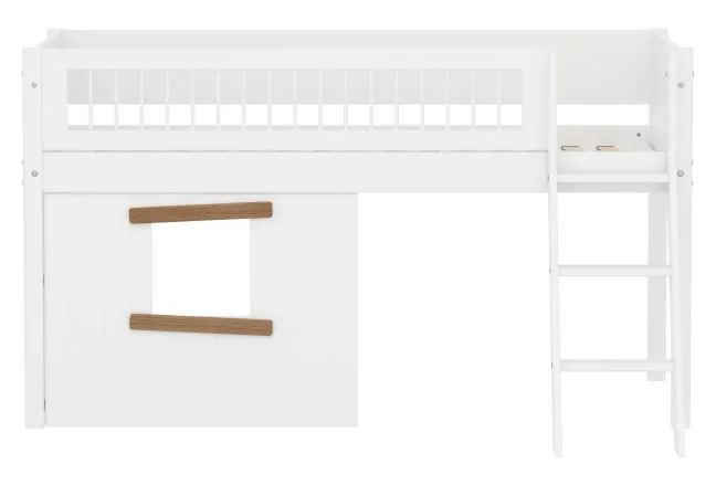 FLEXA White halbhohes Bett mit Schrägleiter, Baumhaus Panelen und Streben Absturzsicherung weiß/Eiche