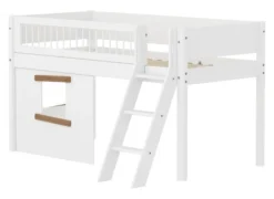 FLEXA White halbhohes Bett mit Schrägleiter, Baumhaus Panelen und Streben Absturzsicherung weiß/Eiche