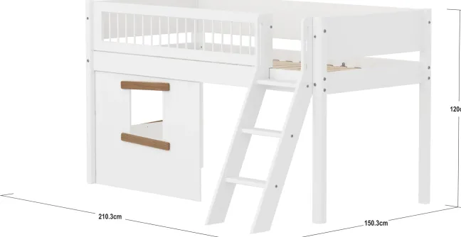 FLEXA White halbhohes Bett mit Schrägleiter, Baumhaus Panelen und Streben Absturzsicherung weiß/Eiche