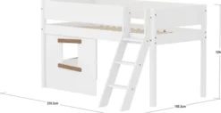 FLEXA White halbhohes Bett mit Schrägleiter, Baumhaus Panelen und Rillen Absturzsicherung weiß/Eiche