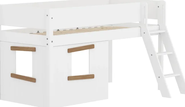 FLEXA White halbhohes Bett mit Schrägleiter, Baumhaus Panelen und Rillen Absturzsicherung weiß/Eiche