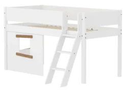 FLEXA White halbhohes Bett mit Schrägleiter, Baumhaus Panelen und Rillen Absturzsicherung weiß/Eiche