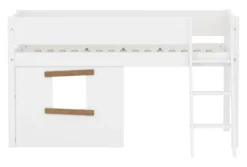 FLEXA White halbhohes Bett mit Schrägleiter, Baumhaus Panelen und Rillen Absturzsicherung weiß/Eiche