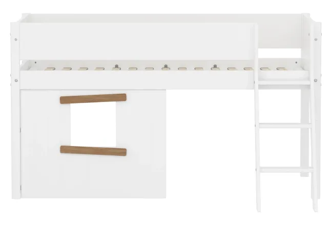 FLEXA White halbhohes Bett mit Schrägleiter, Baumhaus Panelen und Rillen Absturzsicherung weiß/Eiche