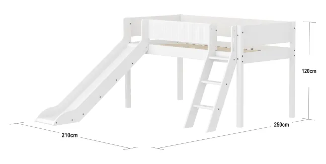 FLEXA White halbhohes Bett mit Schrägleiter, Rutsche und Rillen Absturzsicherung weiß