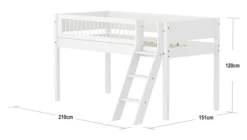 FLEXA White halbhohes Bett mit Schrägleiter und Streben Absturzsicherung weiß