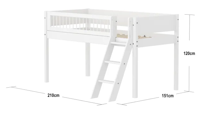 FLEXA White halbhohes Bett mit Schrägleiter und Streben Absturzsicherung weiß