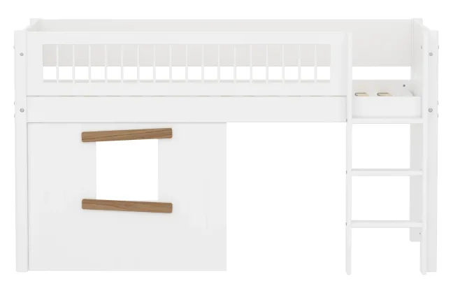 FLEXA White halbhohes Bett mit senkrechter Leiter, Baumhaus Panelen und Streben Absturzsicherung weiß/Eiche