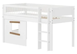FLEXA White halbhohes Bett mit senkrechter Leiter, Baumhaus Panelen und Streben Absturzsicherung weiß/Eiche