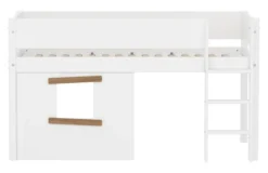FLEXA White halbhohes Bett mit senkrechter Leiter, Baumhaus Panelen und Rillen Absturzsicherung weiß/Eiche