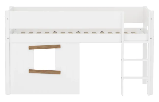 FLEXA White halbhohes Bett mit senkrechter Leiter, Baumhaus Panelen und Rillen Absturzsicherung weiß/Eiche