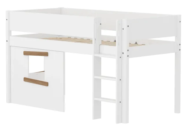 FLEXA White halbhohes Bett mit senkrechter Leiter, Baumhaus Panelen und Rillen Absturzsicherung weiß/Eiche