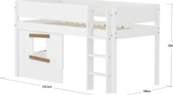 FLEXA White halbhohes Bett mit senkrechter Leiter, Baumhaus Panelen und Rillen Absturzsicherung weiß/Eiche