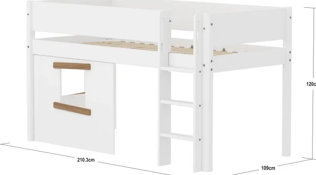 FLEXA White halbhohes Bett mit senkrechter Leiter, Baumhaus Panelen und Rillen Absturzsicherung weiß/Eiche
